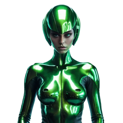 Green alien teenage female girl clothed metalic Grey high glossy clothes futuristic room colorfull p 309789127